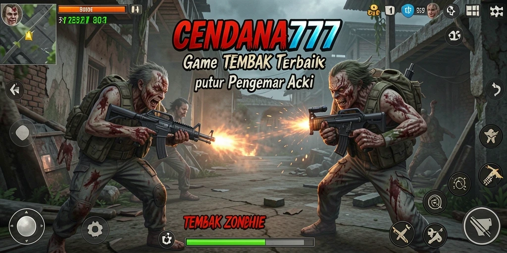 Antarmuka CENDANA777 dengan aksi tembak zombie yang seru.