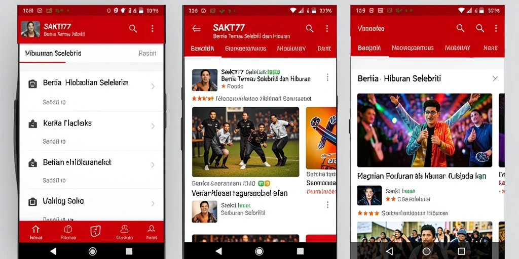 Antarmuka aplikasi SAKTI77 yang menampilkan berita hiburan terkini.